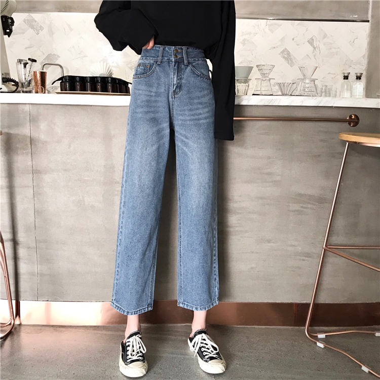 Real-price Korean version of retro chic high waist and wide straightforward legged jeans