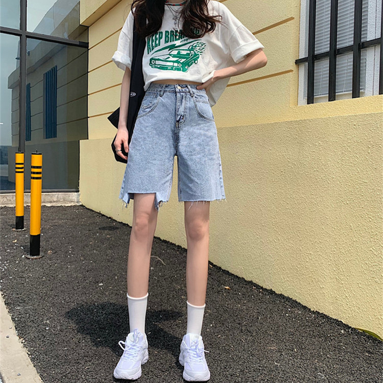 Real shot real price ~ torn edge retro 5-point jeans women's Korean version pants loose and versatile straight shorts