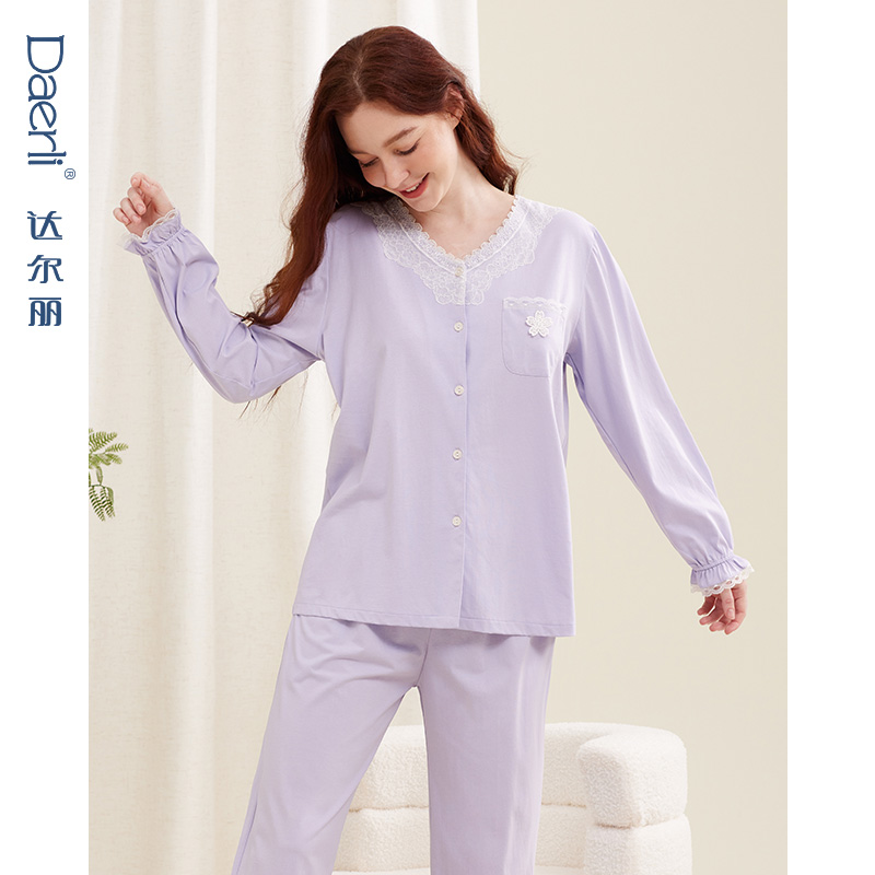 达尔丽女士针织纯棉蕾丝V领睡衣