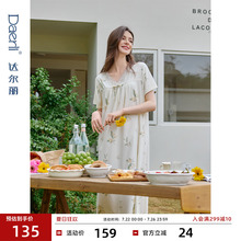 达尔丽柔软舒适蕾丝V领纯棉睡裙女款2025新款夏季短袖印花长款裙