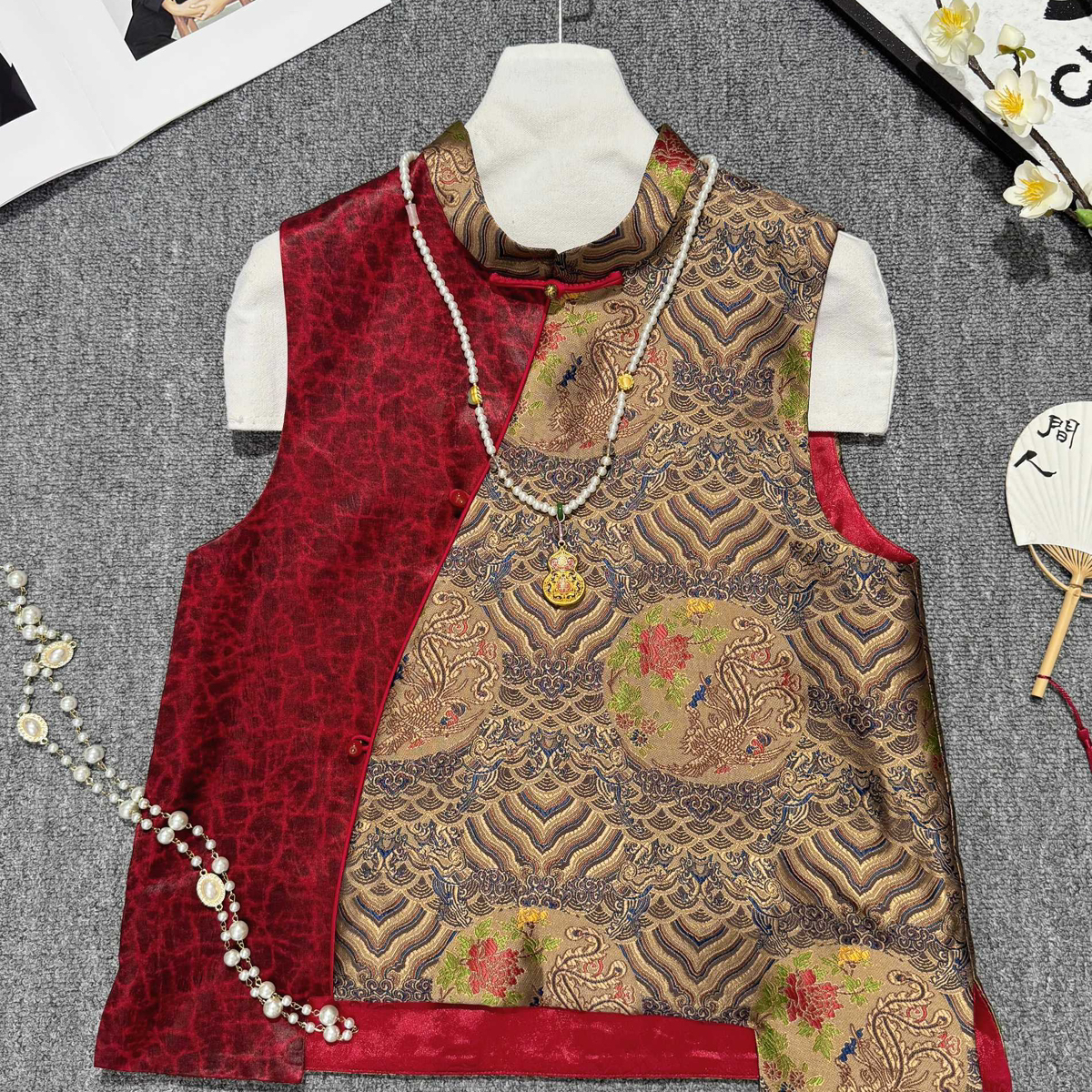 阅悦冬上新新中式极简风立领无袖提花拼接马甲YS2-t145