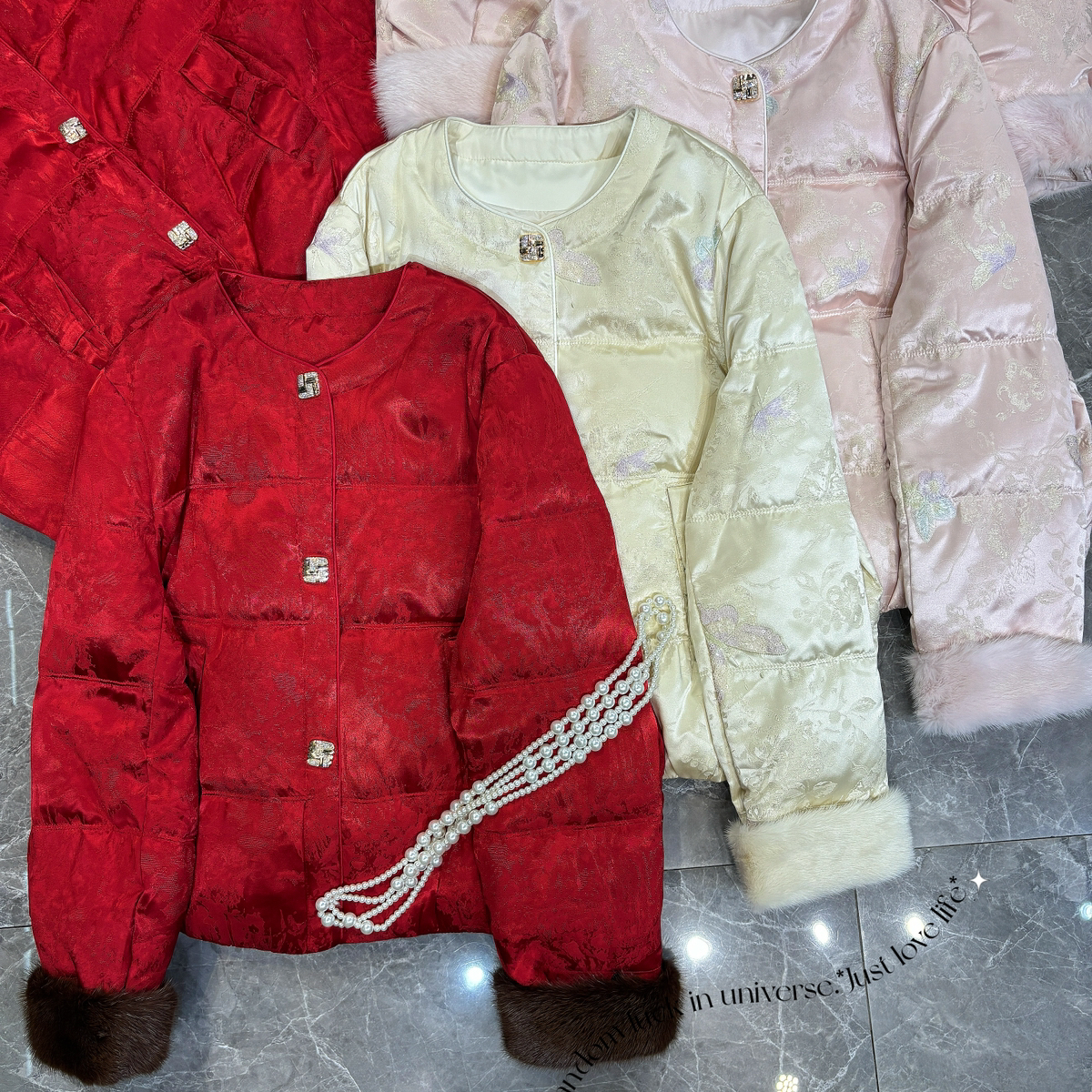 阅悦雅绝美气质提花保暖羽绒服外套(配可拆真狐狸毛袖毛)xx7855