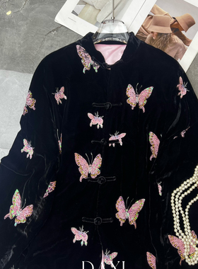 阅悦冬上新神秘魅惑黑色招财小蝴蝶真丝绒绒外套短外套22525
