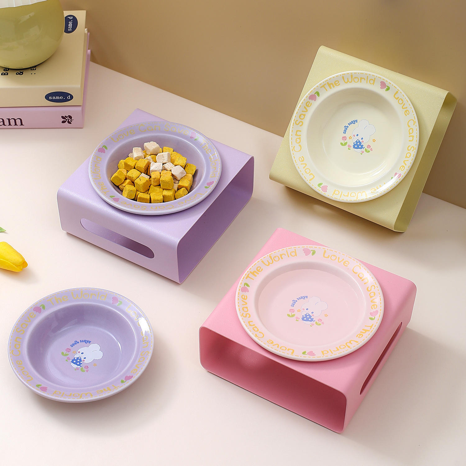 陶瓷卡通创意兔子宠物碗护边碗带碗架高脚护颈碗猫碗狗碗系列食盆