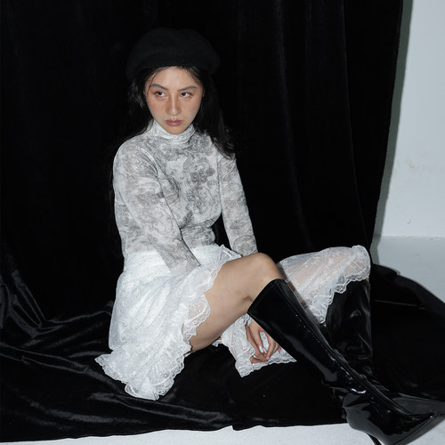 蕾丝亮钻不对称四季搭白色半身裙