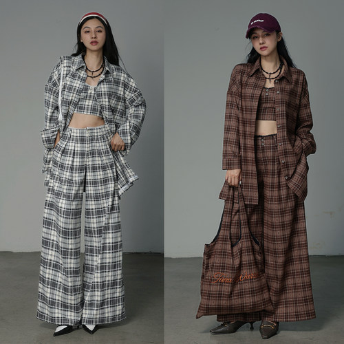 复古格纹格子衬衫长裤套装两件套