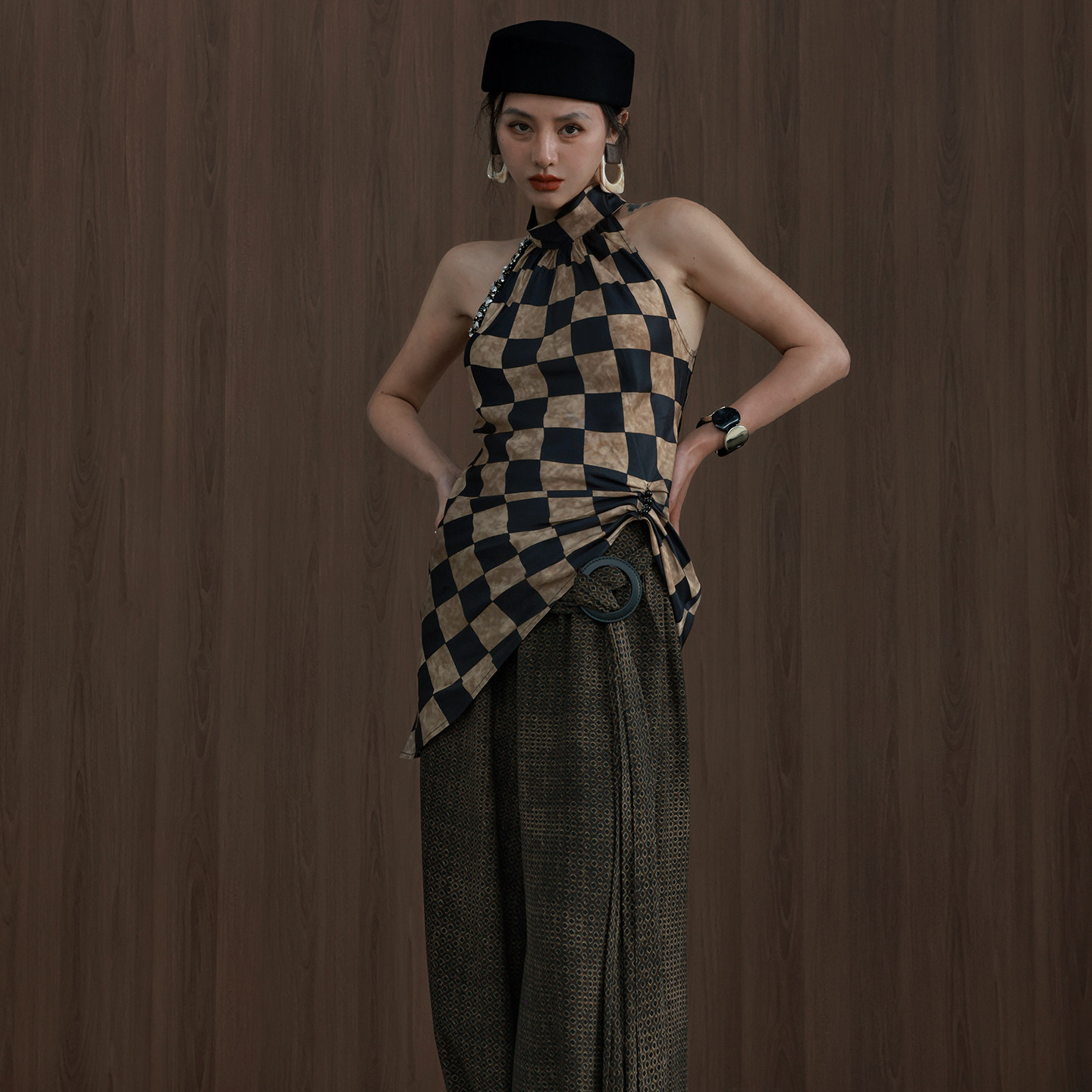 TWANG中古100%铜氨丝格纹亮钻撞色围巾随身短款立领背心春夏上衣