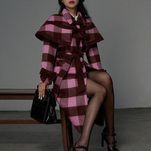 复古双面羊毛粉咖格斗篷中长大衣