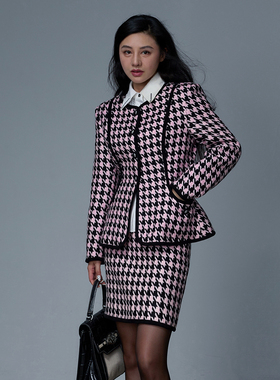 TWANG中古COCO风粉黑色千鸟格收腰圆领长袖呢料外套包臀半裙套装