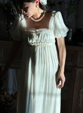 月光爱人Vintage帝政裙手工钉珠网纱高腰泡泡短袖优雅白色连衣裙
