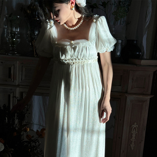 月光爱人Vintage帝政裙手工钉珠网纱高腰泡泡短袖优雅白色连衣裙