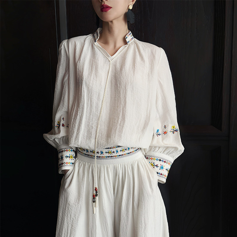 民族风刺绣波西米亚衬衫阔腿裤套装女宽松春夏白色度假沙滩两件套