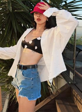 TWANG 天丝棉弹力折边造型感抓须性感百搭时髦牛仔短款蓝色热裤女