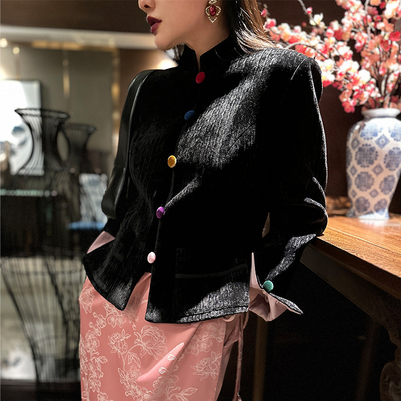 新中式外套系列款国风摩登丝绒彩色纽扣黑色长袖显瘦短外套女春秋