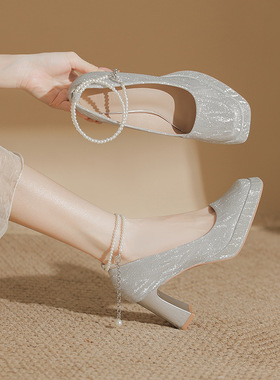 Z34-994婚鞋秀禾婚纱两穿高跟鞋婚鞋新款方头浅口防水台粗跟一字
