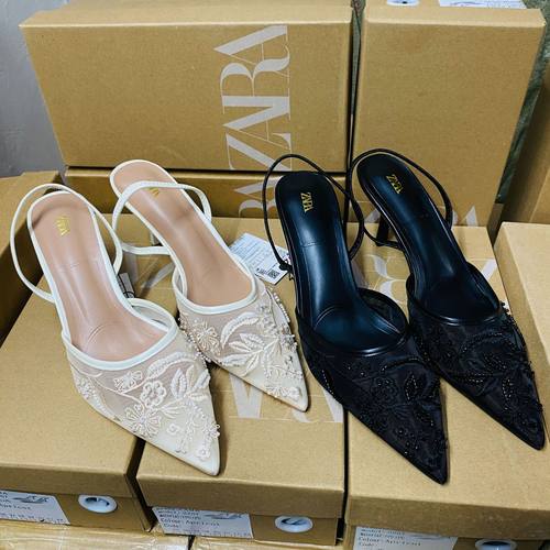 ZA 2025年新款新品 尖头包头后空纯色 刺绣网面细高跟穆勒鞋8236