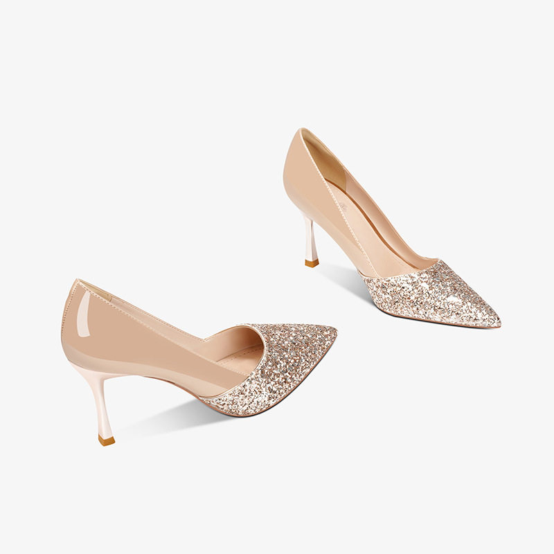 裸色红底高跟鞋2026浅口漆皮新款尖头性感夜场单鞋女细高跟细跟