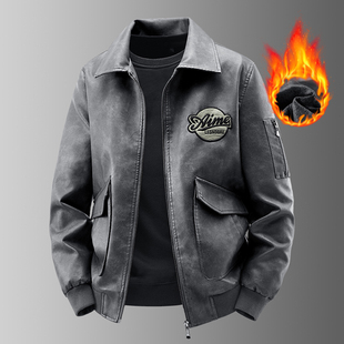 加绒潮流刺绣翻领修身 海宁真皮皮衣男士 新款 休闲冬季 夹克外套 时尚