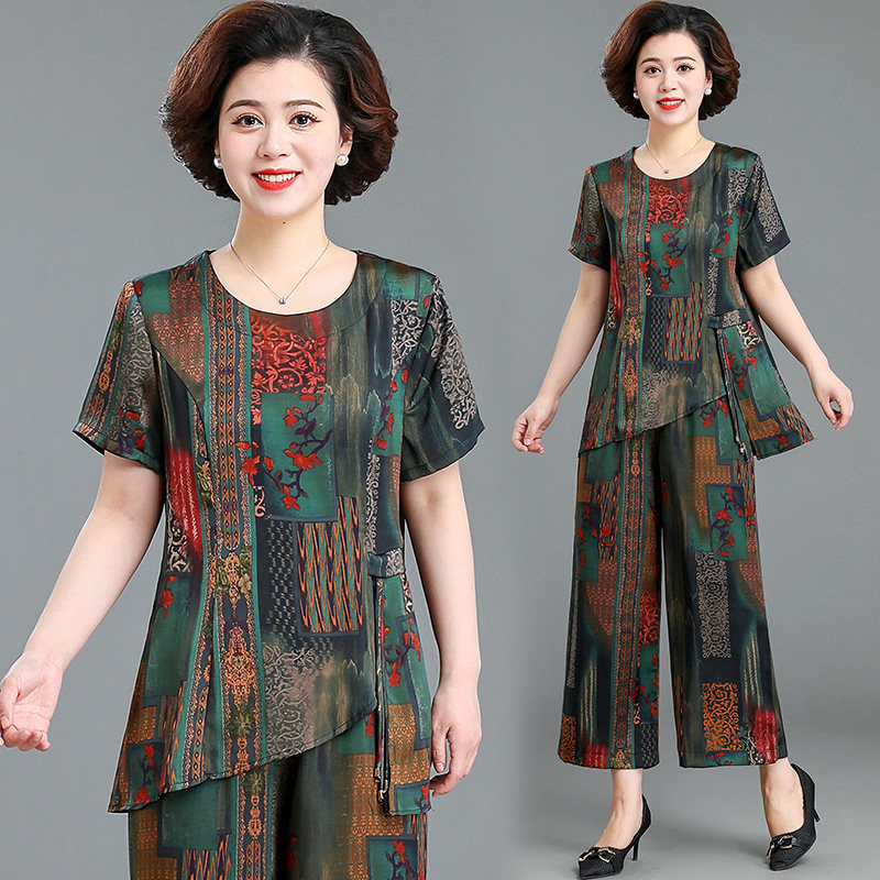 妈妈夏装洋气时髦套装大码小衫上衣阔腿裤两件套中老年夏季套装女