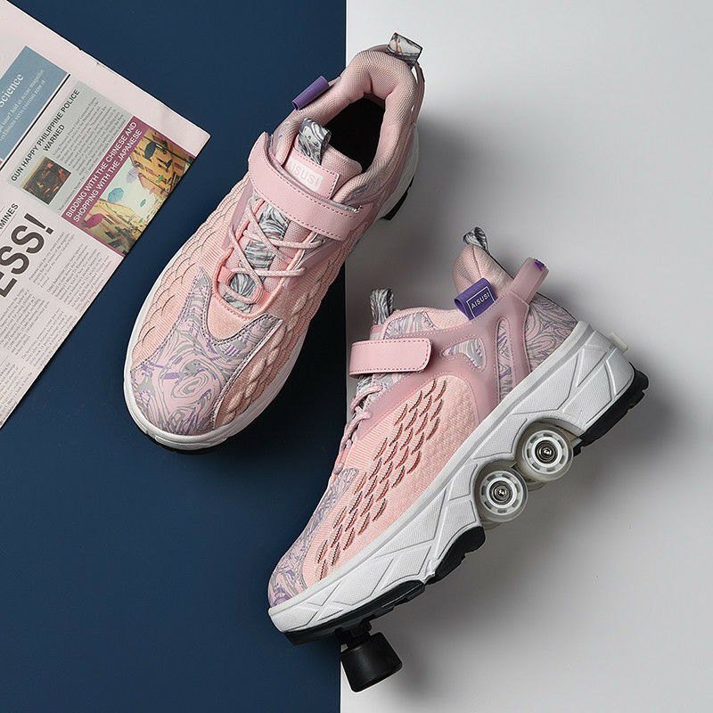 Aisusi变形鞋3到6岁四个轮子的变形轮滑鞋能走能滑网红溜冰鞋女孩