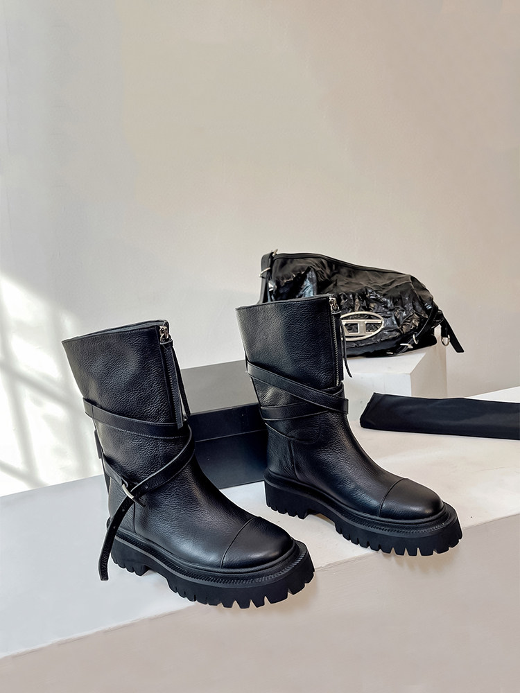 CHELSEA 여성용 2023 신상 숏 부츠 두꺼운 뒤꿈치 옷깃 미드 커프 부츠 벨트 버클  가죽 미드 힐 마틴 부츠 여성용 하이