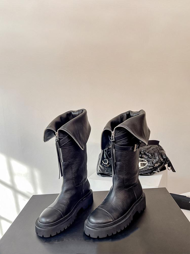 CHELSEA 여성용 2023 신상 숏 부츠 두꺼운 뒤꿈치 옷깃 미드 커프 부츠 벨트 버클  가죽 미드 힐 마틴 부츠 여성용 하이