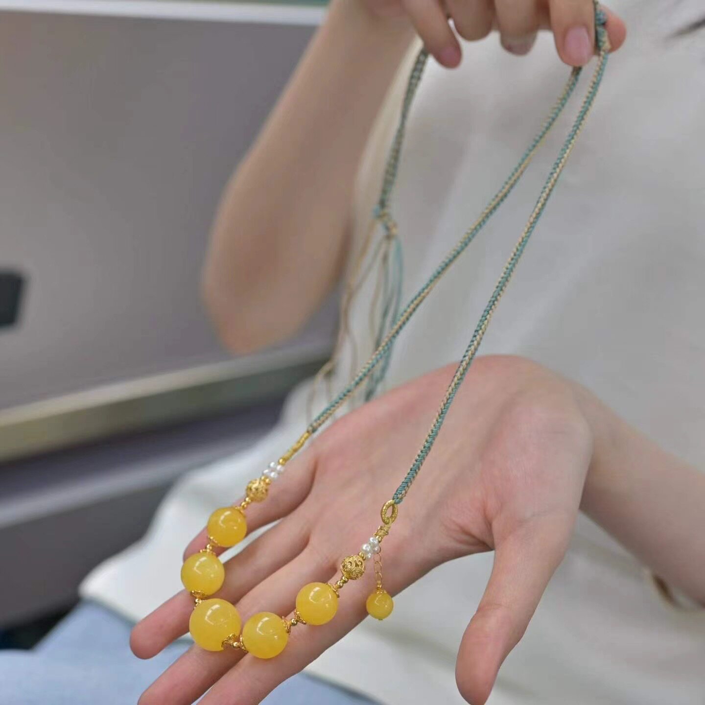 天然原矿蜜蜡编织项链 搭配淡水珍珠3mm、S925银 ,尺寸8.5-12.5