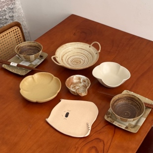 漫生活老板娘复古猫咪二人食套装碗盘碗碟粗陶家用复古风猫咪可爱