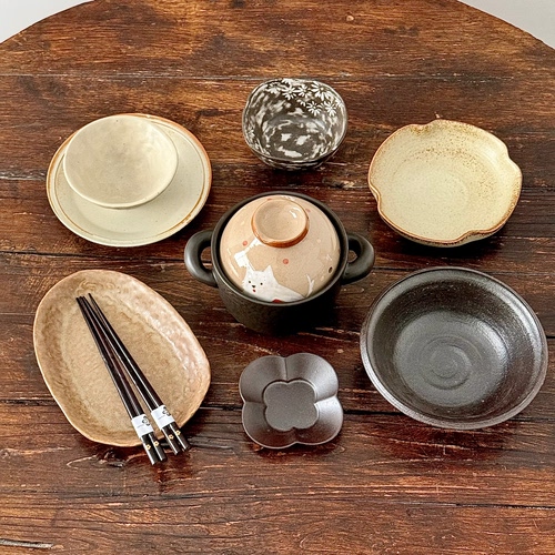 漫生活老板娘 和风闲猫复古二人食砂锅餐具套装家用吃饭组合