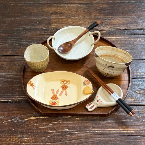 漫生活老板娘 食野绒兔 奶萌兔兔手绘一人食餐具家用粗陶精致分餐