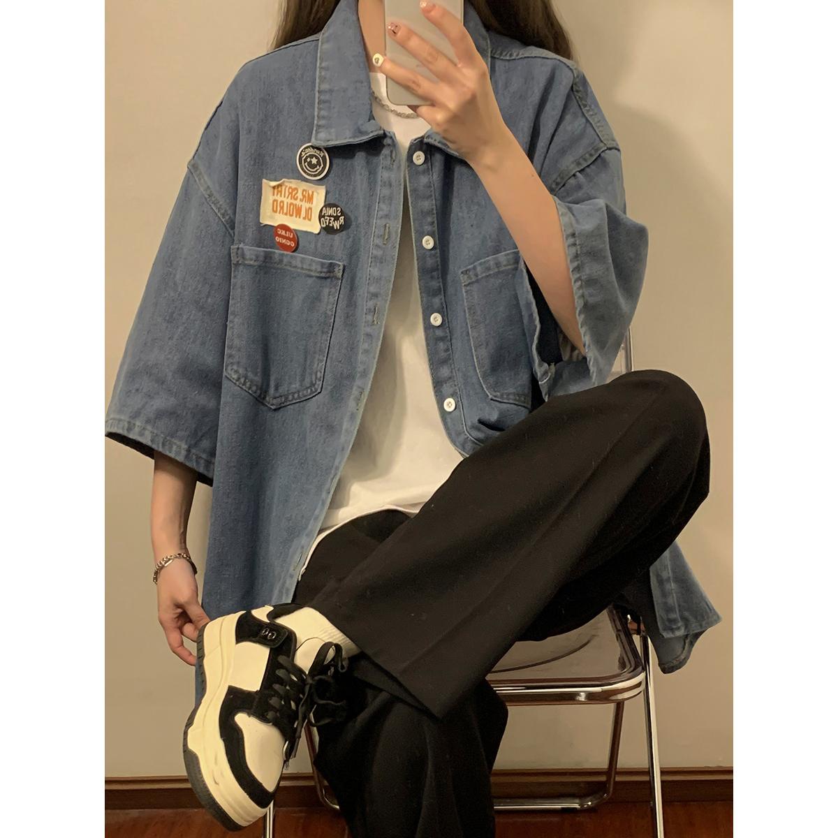 复古水洗牛仔短袖上衣宽松大码设计感衬衫XZ1015-1-DX50881P58,女装衬衫,星座1015-1