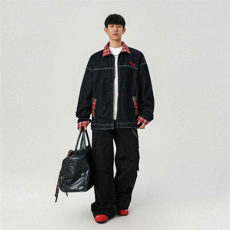 水洗复古牛仔外套格子撞色刺绣夹克男XZ1015-1-JK33666-特P68,男装夹克,星座1015-1