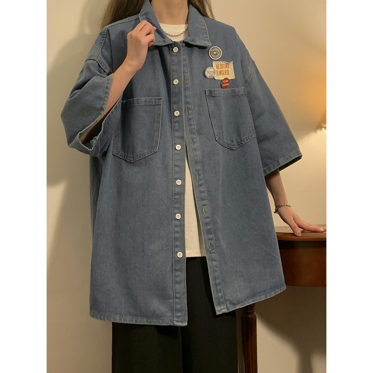 复古水洗牛仔短袖上衣宽松大码设计感衬衫XZ1015-1-DX50881P58,女装衬衫,星座1015-1