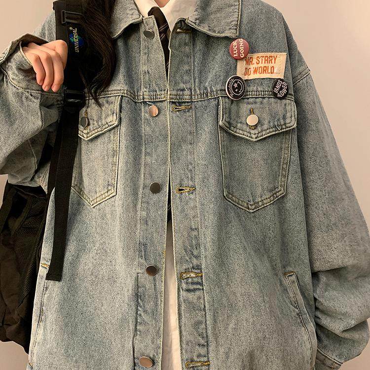 2025秋冬新款美式开衫翻领牛仔夹克女复古宽松长袖设计感外套，女装短外套，星座1015-1