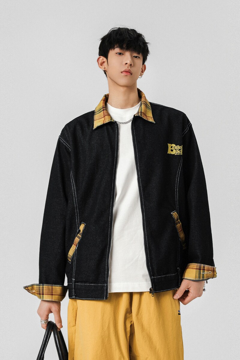 复古刺绣水洗牛仔撞色格子外套宽松夹克男XZ1015-1-JK33655-P70,男装夹克,星座1015-1