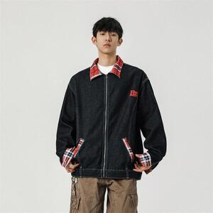 复古刺绣水洗牛仔撞色格子外套宽松夹克男XZ1015-1-JK33655-P70图片