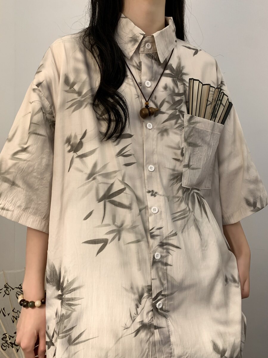 新中式风水墨印短袖衬衫垂感冰丝大码XZ1015-1-GF0066P48控68,女装衬衫,星座1015-1