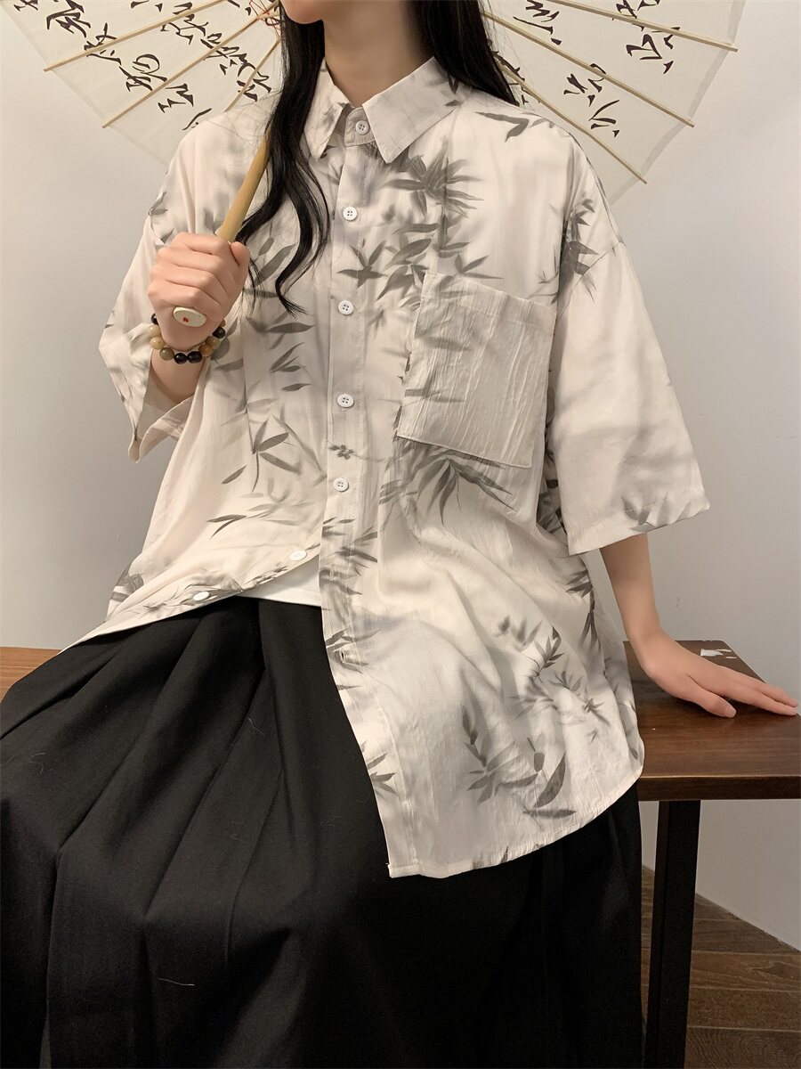 新中式风水墨印短袖衬衫垂感冰丝大码XZ1015-1-GF0066P48控68,女装衬衫,星座1015-1