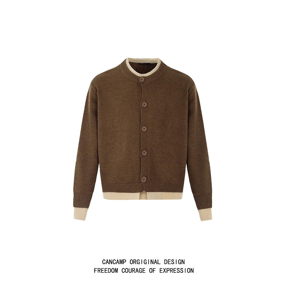 CANCAMP 美式复古cleanfit假两件毛衣男拼接叠穿针织开衫慵懒外套