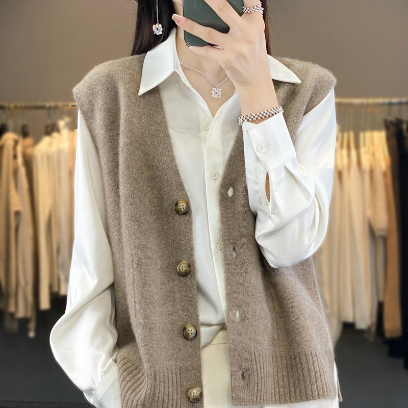 纯羊毛针织马甲开衫女士V领无袖秋冬毛衣背心宽松羊绒衫坎肩外搭