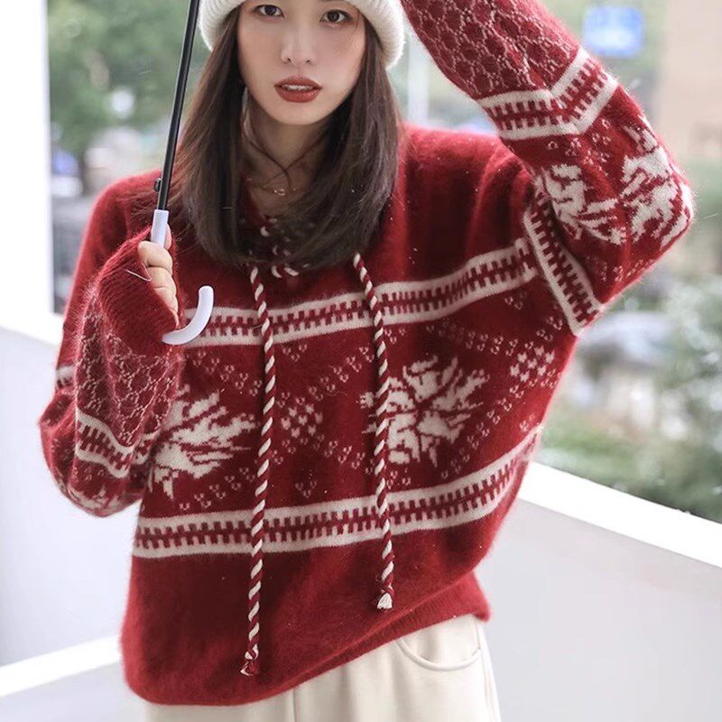 红色羊毛连帽毛衣女冬新款