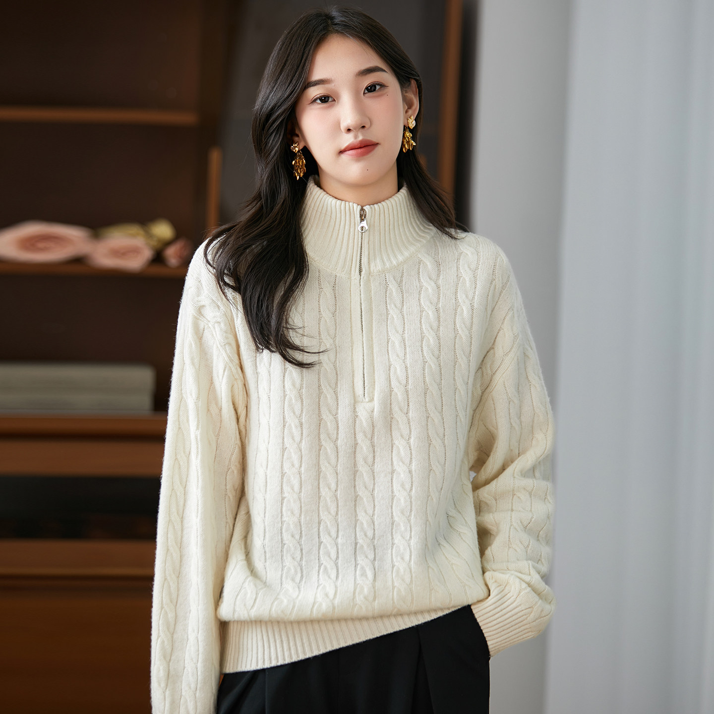 纯羊毛女半开拉链秋冬高领羊绒毛衣套头打底衫宽松针织扭麻花毛衣