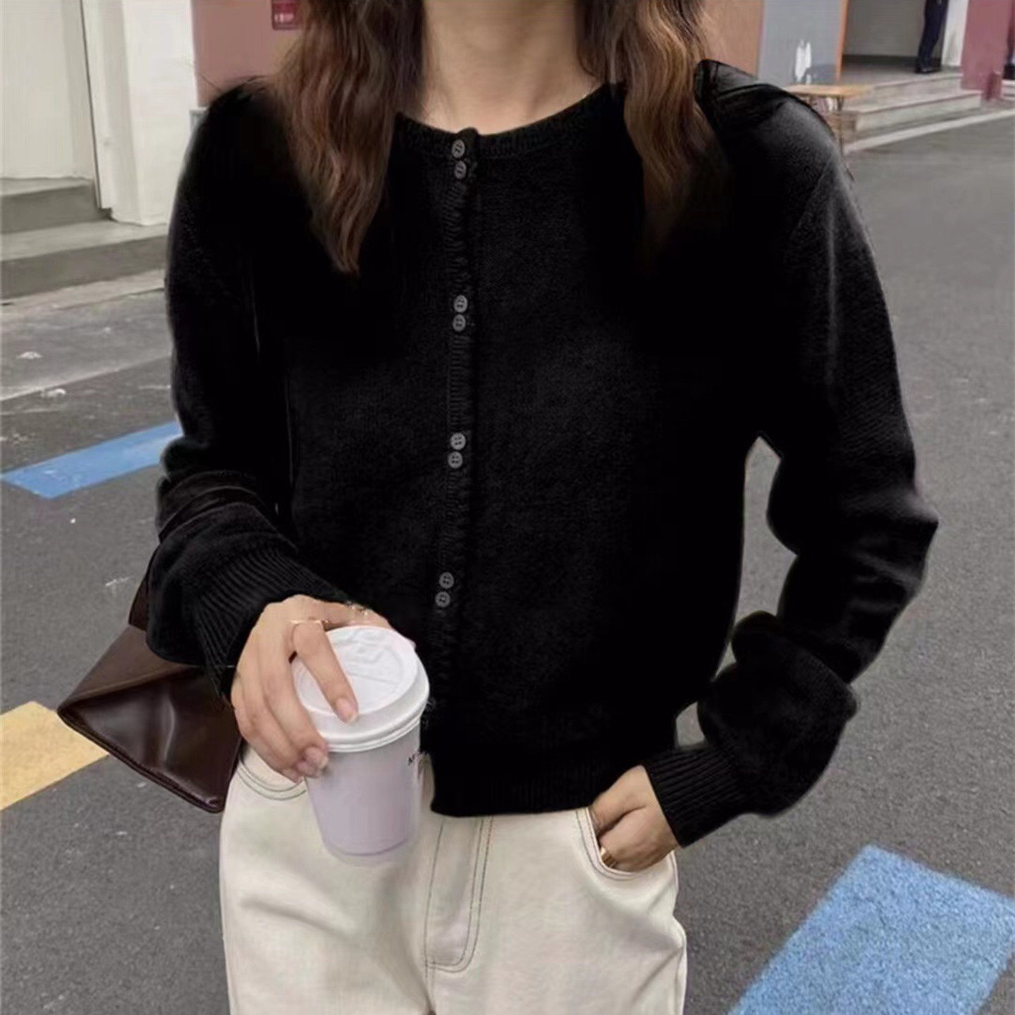 春秋女羊毛圆领宽松薄款开衫
