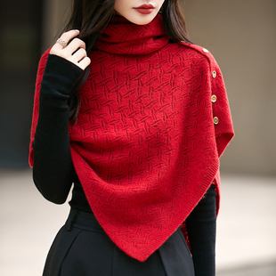 春秋新款100%羊毛披肩女外搭斗篷针织三角上衣镂空薄钩花围脖围巾