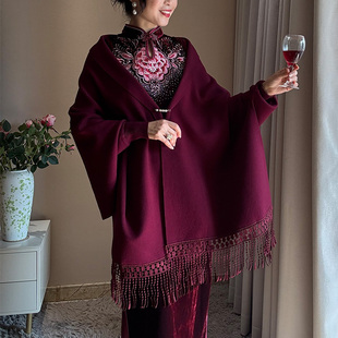 紫红色新娘妈妈披肩婚礼旗袍外搭斗篷结婚喜婆婆礼服针织中年女冬