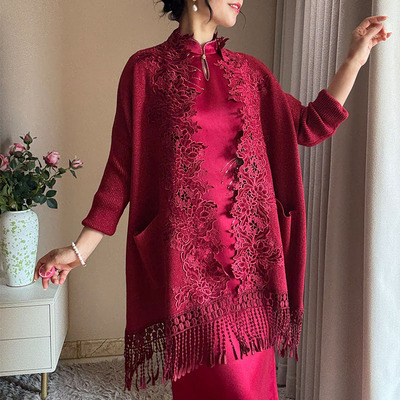 2025新款秋红色婚宴旗袍外套喜妈妈外搭长袖开衫大码中年婆婆结婚