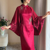中年喜妈妈婚宴酒红色旗袍披肩外搭针织斗篷外套小个子刺绣蝙蝠袖