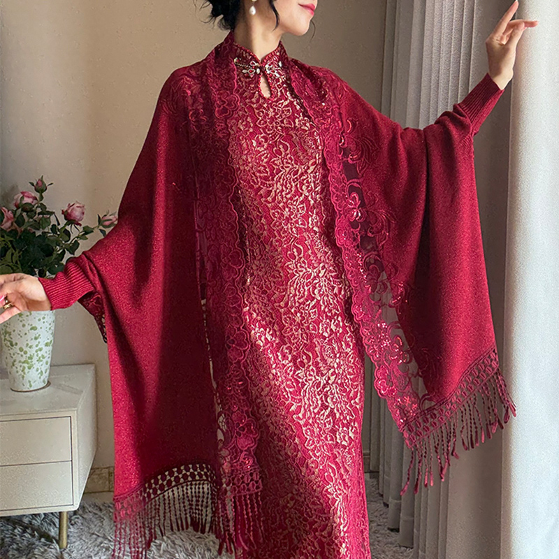 喜婆婆喜妈妈婚宴配旗袍披肩酒红色喜服外套斗篷礼服外搭高端流苏
