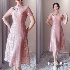 夏季a字旗袍连衣裙喜妈妈婚宴礼服婆婆蕾丝小个子高端秀丽华服女