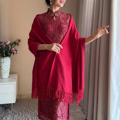 春秋红色仿羊绒中年妈妈旗袍披肩婚宴礼服喜婆婆外搭围巾婚礼结婚